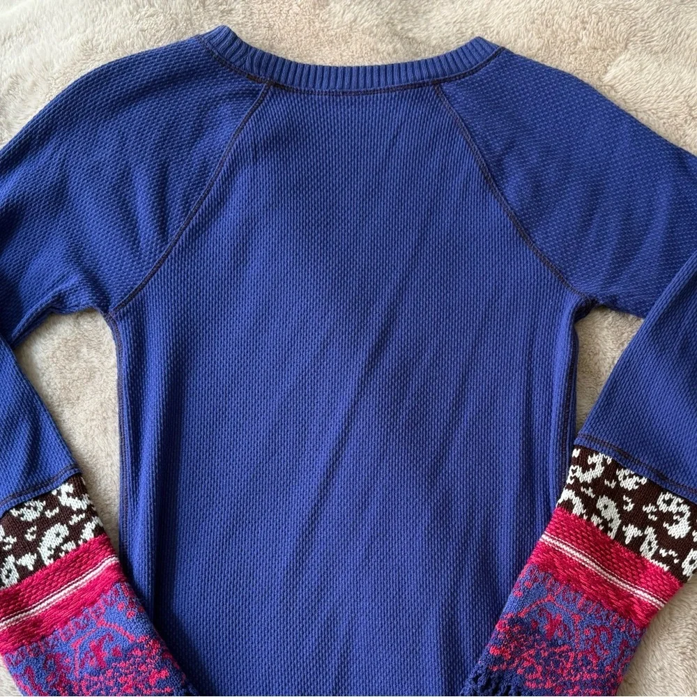 Free People Cobalt Blue Thermal Top with Pink & Black Patterned Sleeves
